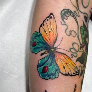 Get mesmerized by the vibrant colors and intricate details of this stunning illustrative butterfly tattoo! Created by the talented artist Beyza Taser.