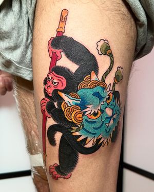 • Monkey warrior with Oni mask and Jingu Bang • custom traditional thigh piece by our resident @dr.ivo_tattoo 
Ivo has a coupe of spots left for March and currently taking bookings for April!
Books/info in our Bio: @southgatetattoo 
•
•
•
#monkeywarriortattoo #onimasktattoo #traditionaltattoo #thightattoo #enfield #northlondon #southgatepiercing #londontattoo #southgate #sgtattoo #southgatetattoo #londonink #amazingink #northlondontattoo #london #southgateink #londontattoostudio 