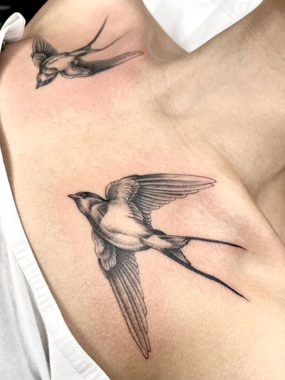 Elegant black and gray illustrative swallow tattoo, expertly crafted by Beyza Taser.