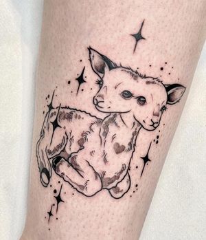 Unique dotwork and illustrative style tattoo of a two-headed sheep, by talented artist Beyza Taser.