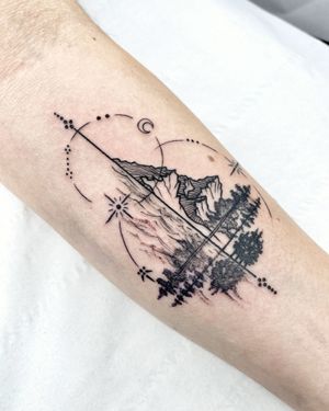 Capture the beauty of the sea, mountain, and forest with this intricate and unique tattoo design by Beyza Taser. Perfect for nature lovers and those who appreciate fine line and geometric styles.