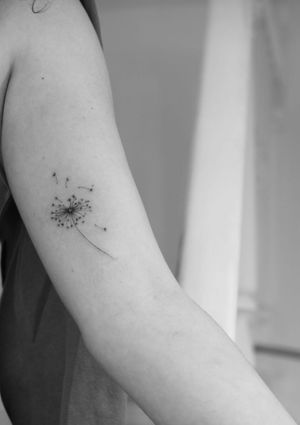 Experience the beauty of nature with this fine line, illustrative tattoo by Victoria, featuring a delicate dandelion flower motif.