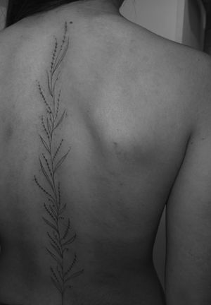 Embrace nature with this illustrative fine line twig tattoo, artistically crafted by Meg for a minimalistic yet intricate design.