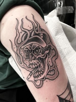 Get inked by the talented Barney Coles with this classic and haunting grim reaper design in traditional style. A timeless choice for tattoo enthusiasts.