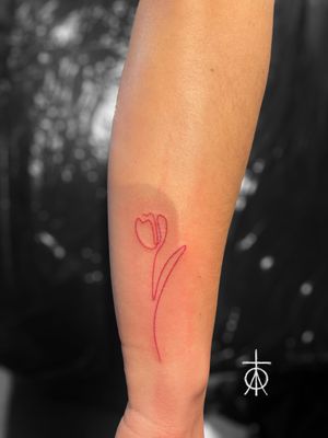Red Ink Fine Line Tulip By Claudia Fedorovici in Amsterdam #redink #finelinetattoo #tuliptattoo #tattooartistsamsterdam #claudiafedorovici #tempesttattooamsterdam
