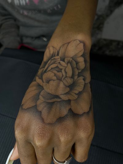 Peony hand tattoo, flower tattoo, hand tattoo, illustration flower