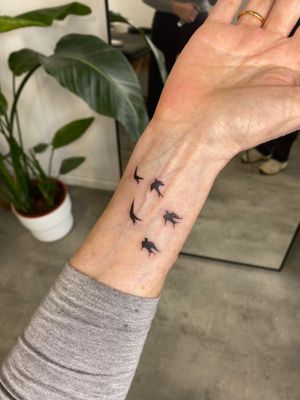Unique blackwork tattoo of a swallow bird with a shadow effect, expertly done by tattoo artist Charlie Macarthur.