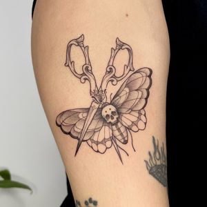 goth tattoo, blackwork, black and grey, moth, witchy tattoo
