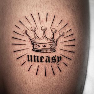 Andrew Garinther's unique woodcut style combines a crown motif with elegant lettering for a regal tattoo design.