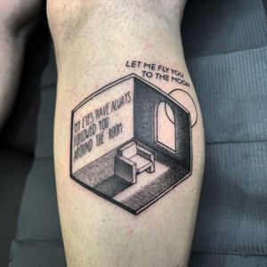 Intriguing small lettering and illustrative design by Sam Waiting featuring an abstract cube room with a couch. A unique and modern tattoo choice.