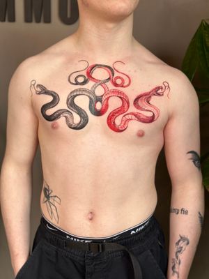 Get inked with a stunning illustrative snake design in bold red ink by Saka Tattoo. Express your fierce and mysterious side with this unique piece of body art.