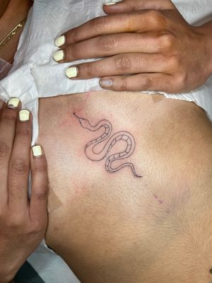 Get a mesmerizing snake tattoo with intricate fine line details by the talented artist Emma InkBaby.