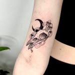 witchy tattoo, crow skull, blackwork, black and grey, goth tattoo