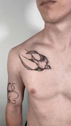 Get inked with a beautiful black and gray swallow tattoo by Sam, known for his illustrative style that captures the elegance of this classic motif.