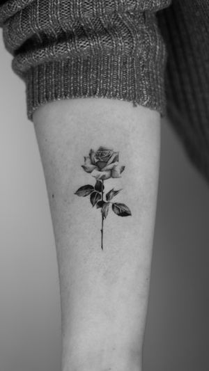 Get mesmerized by the intricate details of this black and gray micro realism rose tattoo by Viola. A delicate and timeless floral piece.