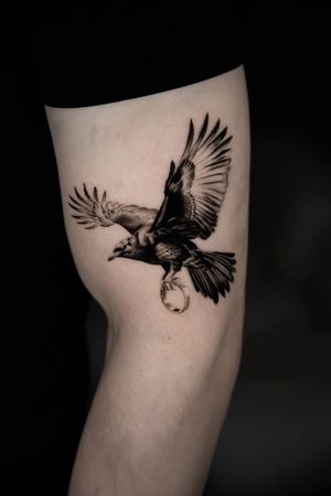 Capture the mystique of the crow with this intricate black and gray micro-realism tattoo by talented artist Viola.