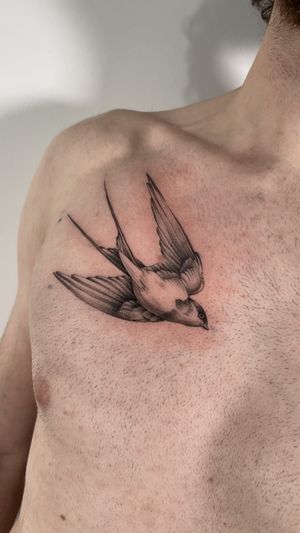 Experience the beauty of black and gray with this stunning swallow tattoo by talented artist Sam. Perfect for those who admire illustrative designs.