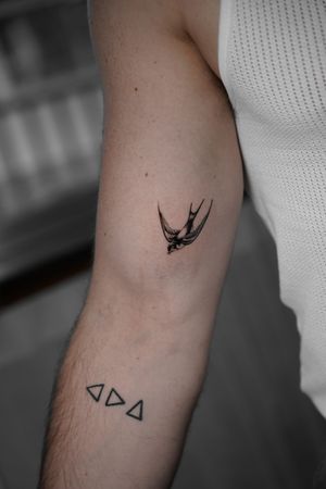 Elegant black and gray swallow tattoo, expertly created by Viola, capturing the beauty and freedom of this iconic bird.