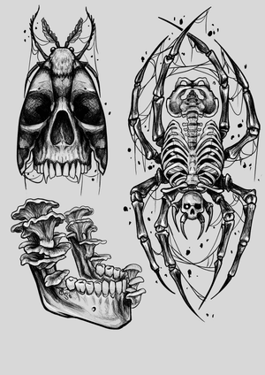 Skull moth and mushroom jaw from 220£, depending on size and body location 
Skeleton spider from 380£, design is for back or side of a calf