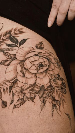 Fine line floral thigh, peonies, cherry blossoms, butterflies and hummingbird