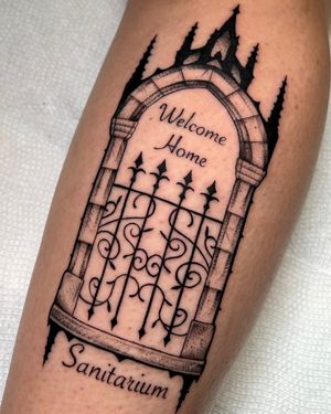 Blackwork gothic gate tattoo