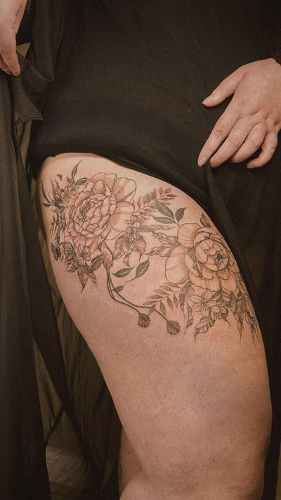 Fine line floral thigh, peonies, cherry blossoms, butterflies and hummingbird