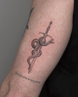 Captivating black & gray micro realism tattoo of a snake coiled around a sword, expertly inked by Ry Roger.