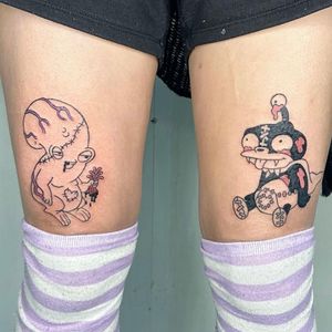 Get an adorable yet creepy tattoo by Zanzi La Vey featuring a blend of kawaii, horror, and Futurama elements in an illustrative style.