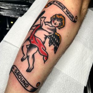 Get a timeless traditional angel tattoo by the talented artist Alessandro Lanzafame. Perfect for those looking for classic ink with a heavenly touch.