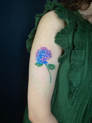 Capture the beauty of nature with a stunning, colorful hydrangea tattoo by talented artist Marie Terry. Perfect for those who appreciate realism style.