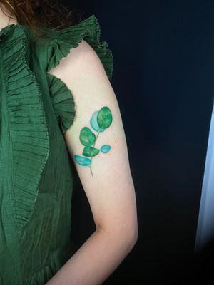 Marie Terry showcases her exceptional realism skills with this stunning botanical tattoo featuring colorful eucalyptus leaves.