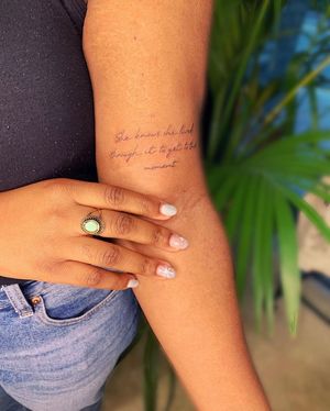Fine line and small lettering tattoo by jadeshaw_tattoos, perfect for dark skin tones. Simple yet striking design.