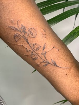 Elegant illustrative bellflower tattoo by jadeshaw_tattoos, featuring intricate fine line work.