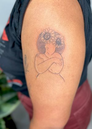 Beautiful illustrative design by jadeshaw_tattoos featuring a sunflower woman with an afro hairstyle.
