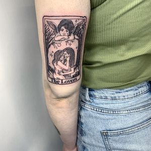 Get enamored by this beautiful illustrative tattoo featuring the iconic tarot card 'The Lovers' by jadeshaw_tattoos.