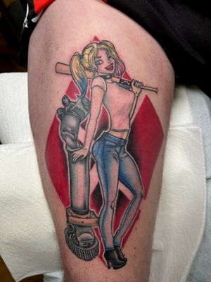 Custom Harley Quinn pin up with twisted driveshaft. 