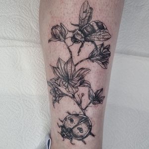 Elegant dotwork tattoo featuring a bee, flower, plant, and ladybug, beautifully crafted by talented artist Belle Tannahill.