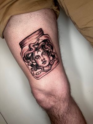 Unique illustrative design by Miss Vampira featuring Medusa's head trapped in a jar.