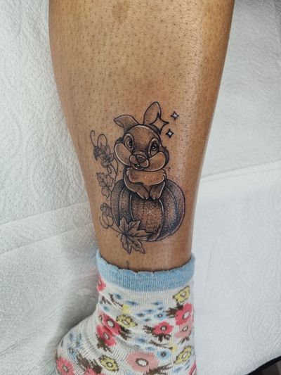 Capture the charm of Disney with this illustrative tattoo by Belle Tannahill featuring the lovable Thumper rabbit character.