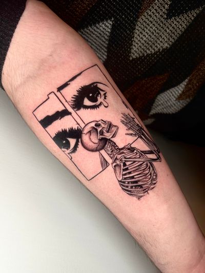 Get a unique black and grey illustrative tattoo of a skeleton in pop art style by Miss Vampira.