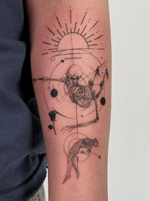 Experience the fusion of fine line and micro-realism in this striking geometric skeleton tattoo by Saka Tattoo. Perfect for those seeking a unique and intricate design.