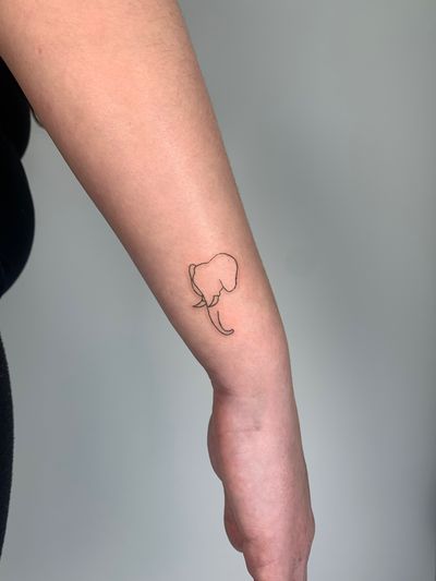 Delicately detailed fine line elephant outline tattoo by talented artist Chloe Hartland. Perfect for those seeking a minimalistic yet striking design.