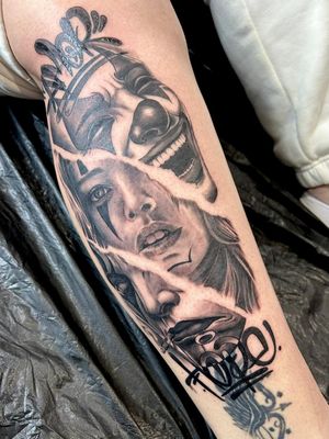 Experience the artistry of Epic Tattoos Guildford with a stunning black and gray katrina clown woman tattoo design.