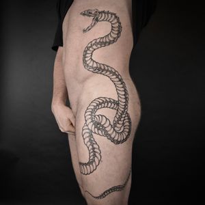 Unique and intricate tattoo design featuring a snake entwined with a skeleton, created by talented artist Jenny Dubet.
