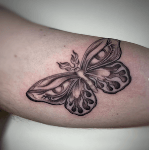 Get a stunning illustrative butterfly tattoo done by the talented artist Cristina. Transform into a butterfly with this intricate design.