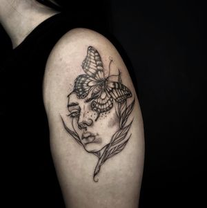 Unique illustrative tattoo design featuring a beautiful butterfly lady on a branch, by Cristina. Perfect for nature lovers.
