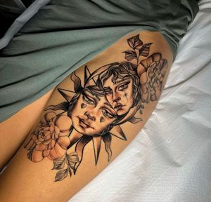 Beautifully designed tattoo featuring a sun, moon, and flower motif, expertly crafted by Cristina.
