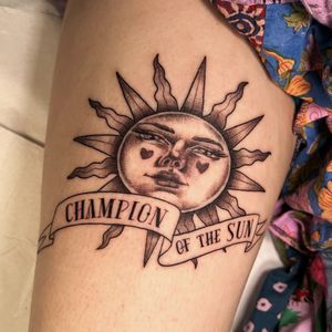 Unique combination of lettering and illustrative styles featuring a vibrant sun and elegant banner design, created by the talented artist Cristina.
