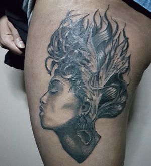 Underwater Nubian mermaids head on my clients thigh, she wanted black facial features in particular to represent herself