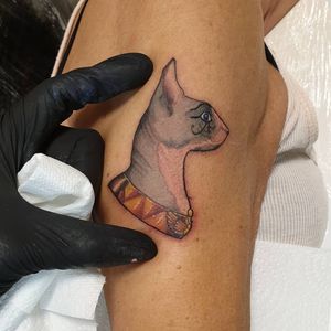 Sphynx cat for my eldest client who grew up in Egypt, this was her 1st tattoo at 75 years of age, you’re never too old! 
